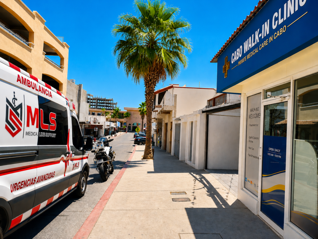 Cabo Walk-In Clinic ambulance ready for medical emergency transport in Cabo San Lucas